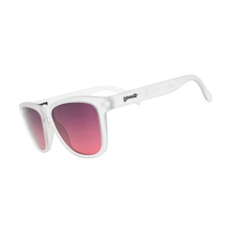 White sunglasses with a thick square frame and pink-to-purple gradient lenses, featuring the 'speedy' brand logo on the temple arm. - Goodr The OG's Sunglasses - Emergency Flirtation Device