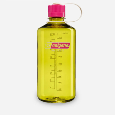 Yellow Nalgene water bottle with a pink cap on a white background - Nalgene Narrow Mouth Sustain Water Bottle (1L) - Endive With Fuchsia Purple