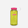 A translucent yellow-green Nalgene water bottle with a bright pink screw cap and a clear carrying loop, shown on a light gray background. - Nalgene Wide Mouth Sustain Water Bottle (500ml) - Endive With Fuchsia Purple