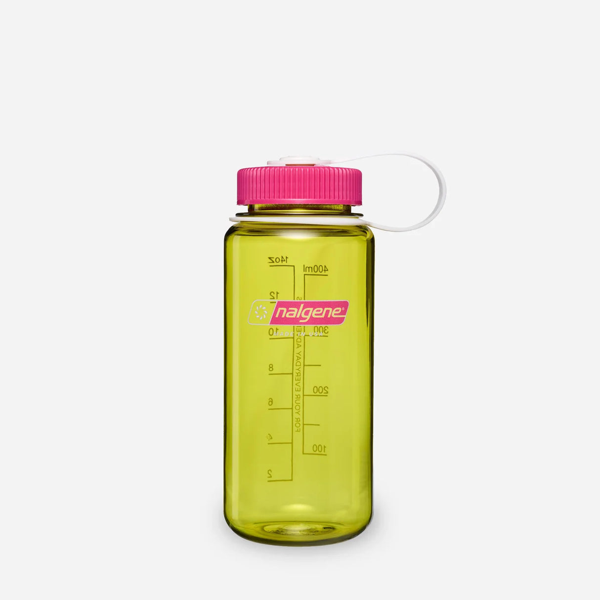 A translucent yellow-green Nalgene water bottle with a bright pink screw cap and a clear carrying loop, shown on a light gray background. - Nalgene Wide Mouth Sustain Water Bottle (500ml) - Endive With Fuchsia Purple