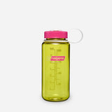 A translucent yellow-green Nalgene water bottle with a bright pink screw cap and a clear carrying loop, shown on a light gray background. - Nalgene Wide Mouth Sustain Water Bottle (500ml) - Endive With Fuchsia Purple