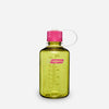 A translucent yellow-green Nalgene water bottle with a bright pink screw cap and a clear carrying loop, shown on a light gray background. - Nalgene Narrow Mouth Sustain Water Bottle (500ml) - Endive With Fuchsia Purple