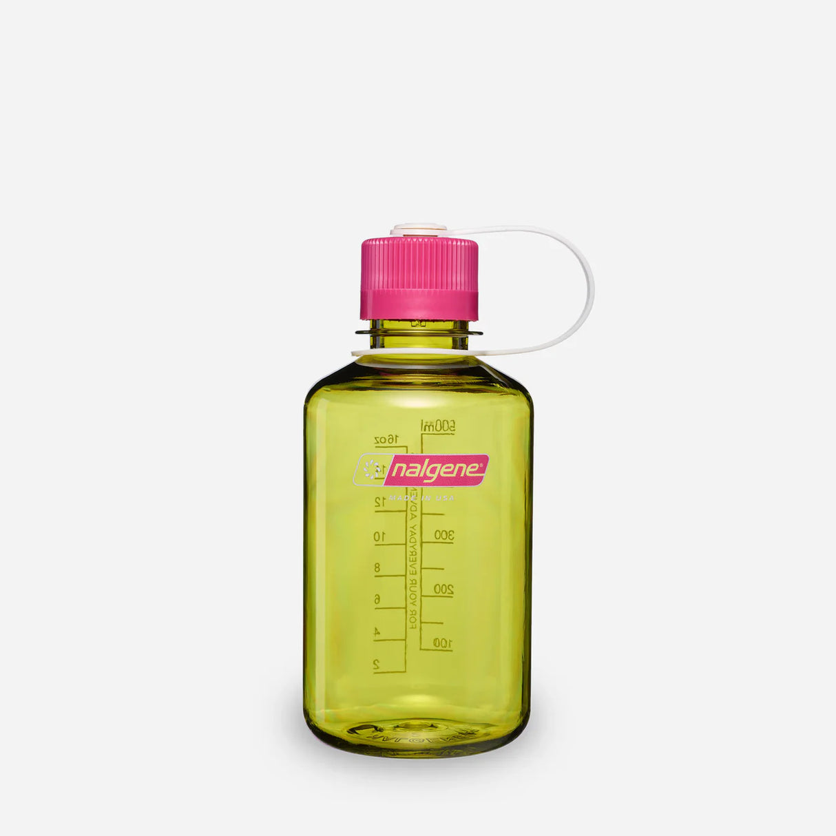 A translucent yellow-green Nalgene water bottle with a bright pink screw cap and a clear carrying loop, shown on a light gray background. - Nalgene Narrow Mouth Sustain Water Bottle (500ml) - Endive With Fuchsia Purple
