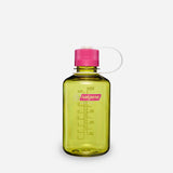 A translucent yellow-green Nalgene water bottle with a bright pink screw cap and a clear carrying loop, shown on a light gray background. - Nalgene Narrow Mouth Sustain Water Bottle (500ml) - Endive With Fuchsia Purple