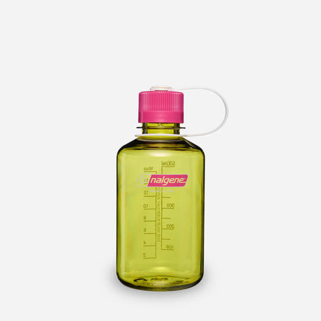 A translucent yellow-green Nalgene water bottle with a bright pink screw cap and a clear carrying loop, shown on a light gray background. - Nalgene Narrow Mouth Sustain Water Bottle (500ml) - Endive With Fuchsia Purple