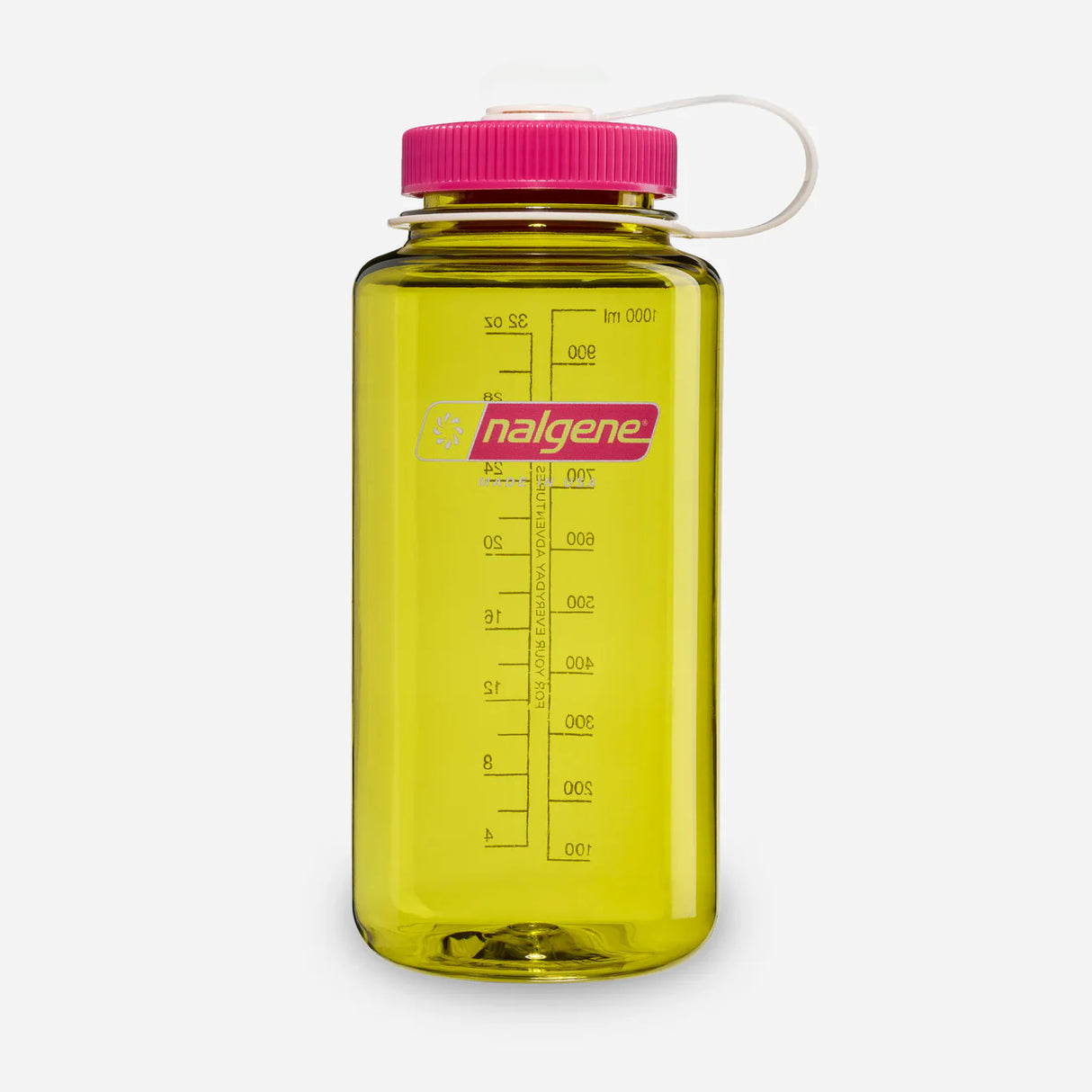 Yellow Nalgene water bottle with a pink cap on a white background - Nalgene Wide Mouth Sustain Water Bottle (1L) - Endive With Fuchsia Purple