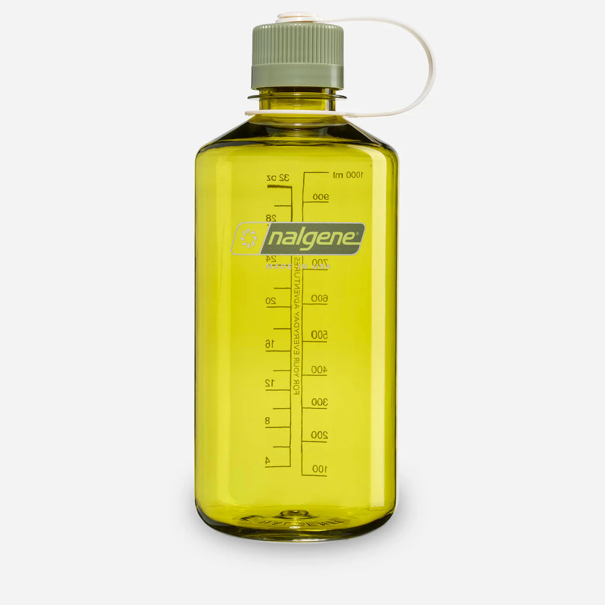 Yellow Nalgene water bottle with a gray cap on a white background - Nalgene Narrow Mouth Sustain Water Bottle (1L) - Endive With Oil Green