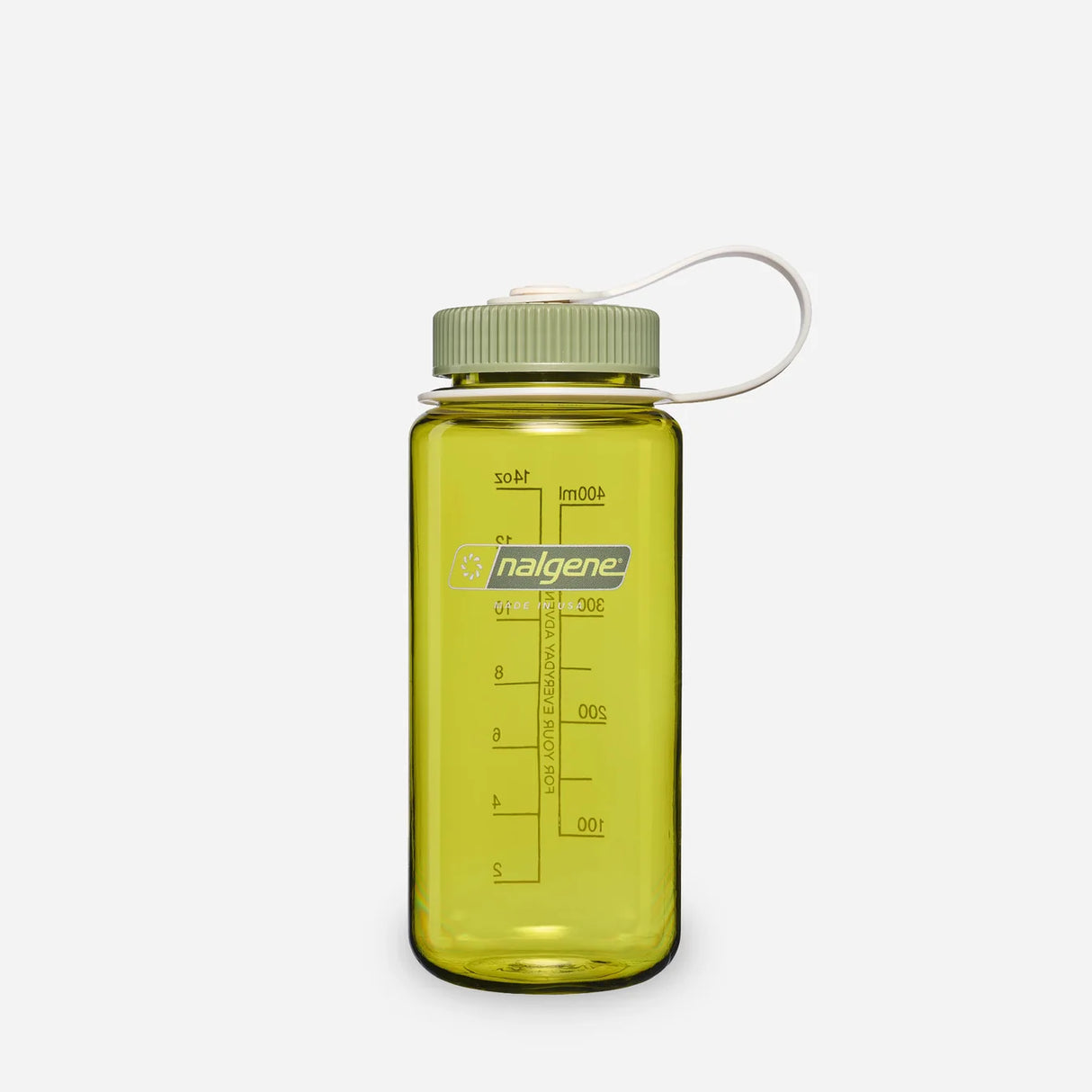 A translucent yellow-green Nalgene water bottle with a matching cap and white carry loop, shown on a light gray background. - Nalgene Wide Mouth Sustain Water Bottle (500ml) - Endive With Oil Green
