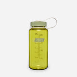 A translucent yellow-green Nalgene water bottle with a matching cap and white carry loop, shown on a light gray background. - Nalgene Wide Mouth Sustain Water Bottle (500ml) - Endive With Oil Green