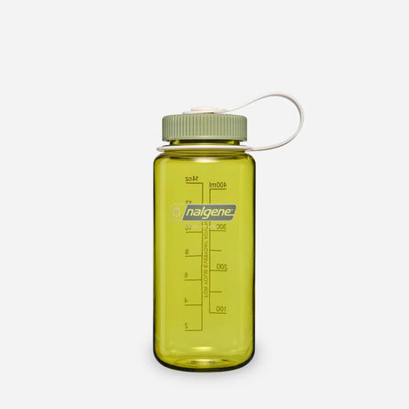 A translucent yellow-green Nalgene water bottle with a matching cap and white carry loop, shown on a light gray background. - Nalgene Wide Mouth Sustain Water Bottle (500ml) - Endive With Oil Green