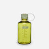 A translucent yellow-green Nalgene water bottle with a ribbed cap and carrying loop, shown on a light gray background. - Nalgene Narrow Mouth Sustain Water Bottle (500ml) - Endive With Oil Green