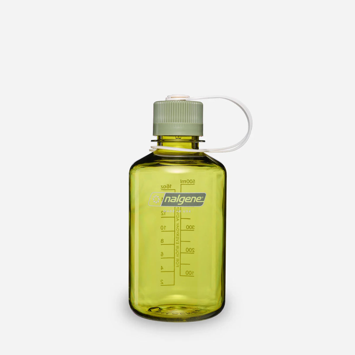 A translucent yellow-green Nalgene water bottle with a ribbed cap and carrying loop, shown on a light gray background. - Nalgene Narrow Mouth Sustain Water Bottle (500ml) - Endive With Oil Green