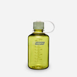 A translucent yellow-green Nalgene water bottle with a ribbed cap and carrying loop, shown on a light gray background. - Nalgene Narrow Mouth Sustain Water Bottle (500ml) - Endive With Oil Green