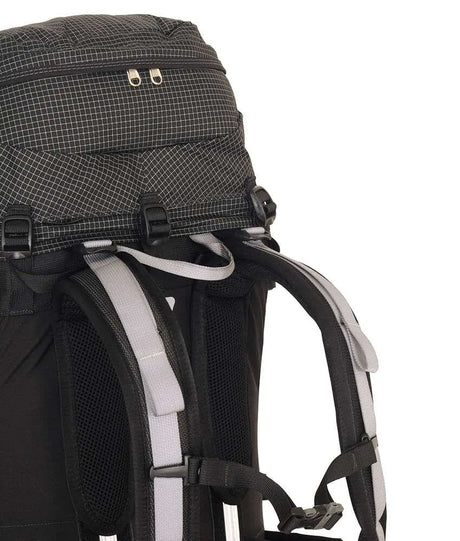 Close-up of the back of a black hiking backpack with gray padded shoulder straps and mesh ventilation panels, shown on a white background. - One Planet Extrovert 55L Pack - Black