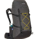 A dark gray and black hiking backpack with a yellow bungee cord compression system on the front, shown with a water bottle in its side pocket against a white background. - One Planet Extrovert 55L Pack - Black