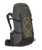 A dark gray and black hiking backpack with a yellow bungee cord compression system on the front, shown with a water bottle in its side pocket against a white background. - One Planet Extrovert 55L Pack - Black