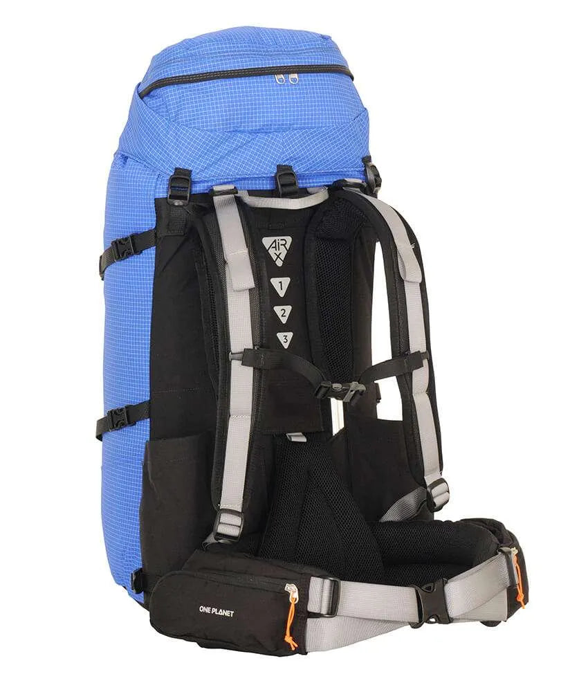 A large blue and black hiking backpack with gray straps, shown from the back on a white background. The brand 'DE'PLANET' is visible on the bottom compartment. - One Planet Extrovert 55L Pack - Blue