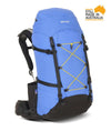 A blue and black One Planet hiking backpack with yellow compression straps, shown on a white background with a 'Still Made in Australia' badge in the top right corner. - One Planet Extrovert 55L Pack - Blue