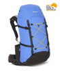 A blue and black One Planet hiking backpack with yellow compression straps, shown on a white background with a 'Still Made in Australia' badge in the top right corner. - One Planet Extrovert 55L Pack - Blue
