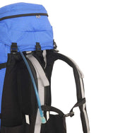 Close-up of a blue and black hiking backpack with a hydration tube attached, shown against a plain white background. - One Planet Extrovert 55L Pack - Blue