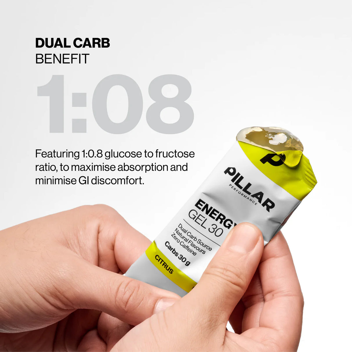 A person's hands holding a single Pillar Performance Energy Gel 30 tube, with promotional text on a white background highlighting a 1:08 glucose to fructose ratio. - Pillar Performance Energy Gel 30