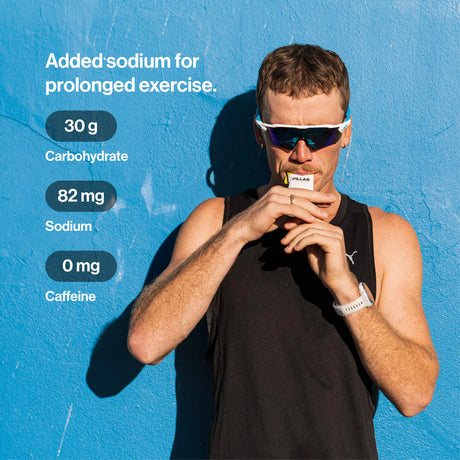 A man in a black sleeveless athletic top and mirrored sunglasses holds a small pill bottle near his mouth against a bright blue textured wall. White text on the left lists supplement details: 'Added sodium for prolonged exercise. - Pillar Performance Energy Gel 30