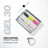 A promotional flat lay on a white background showing a silver tray with four small gel packets in black, white, yellow, and pink, plus a white smartwatch, black earbuds, and large text reading 'GEL 30' and 'ZERO CAFFEINE STACK IT ALL DAY No stimulant, no crash.'. - Pillar Performance Energy Gel 30