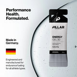 A single Pillar Performance Energy Gel 30 g sachet shown on a clean white and light gray promotional background with text reading 'Performance Health. Formulated. - Pillar Performance Energy Gel 30