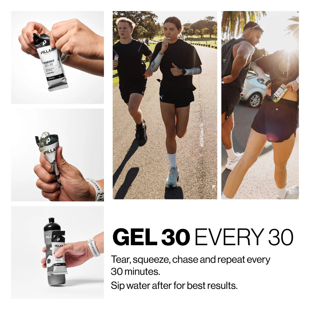 A collage showing a person applying gel from a black, white, and gray tube labeled PELLER. The collage includes close-up shots of hands squeezing the tube and several outdoor running scenes with people wearing black athletic gear. - Pillar Performance Energy Gel 30