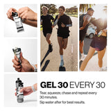 A collage showing a person applying gel from a black, white, and gray tube labeled PELLER. The collage includes close-up shots of hands squeezing the tube and several outdoor running scenes with people wearing black athletic gear. - Pillar Performance Energy Gel 30