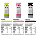Three energy drink cans from PILLAR on a white background, labeled Citrus, Wild Berry, and Original, with colorful flavor bars above each can and nutritional information below. - Pillar Performance Energy Gel 30