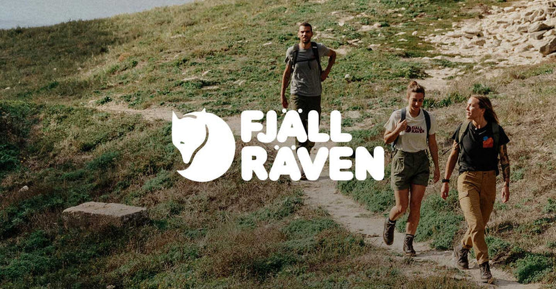 3 people hiking in fjallraven clothing and a fjallraven logo overlayed in white 