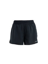 Black athletic shorts with an elastic waistband and a small white logo on the lower left leg, shown against a plain white background. - Icebreaker Merino Blend 125 ZoneKnit Speed 3" Shorts (Women's) - Black