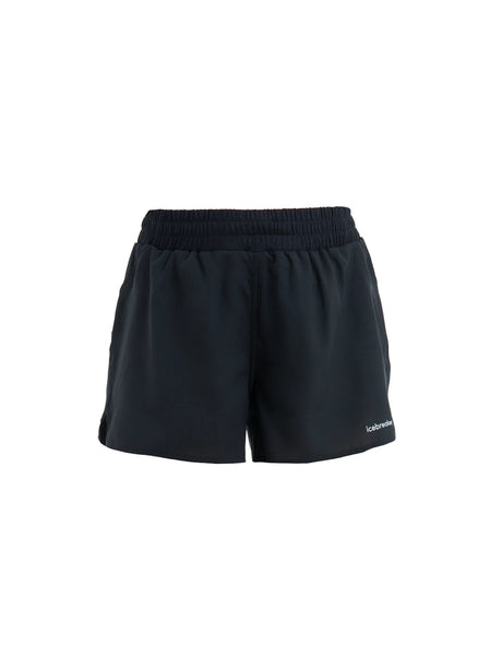 Black athletic shorts with an elastic waistband and a small white logo on the lower left leg, shown against a plain white background. - Icebreaker Merino Blend 125 ZoneKnit Speed 3" Shorts (Women's) - Black