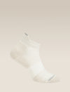 White ankle sock on a beige background - Icebreaker Merino Multisport Light Micro Socks (Men's) - Ecru Heather/Alloy/Snow