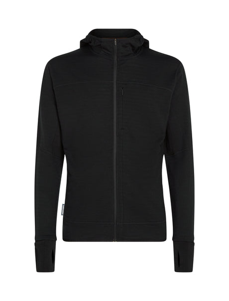A black hooded zip-up jacket with a full front zipper, long sleeves, and ribbed cuffs, shown on a plain white background. - Icebreaker Merino Blend 300 RealFleece™ Descender Long Sleeve Zip Hoodie (Men's) - Black