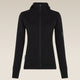 A black hooded zip-up jacket displayed on a headless mannequin against a solid, warm off-white background. - Icebreaker Merino Blend 300 RealFleece Descender Long Sleeve Zip Hoodie (Women's) - Black