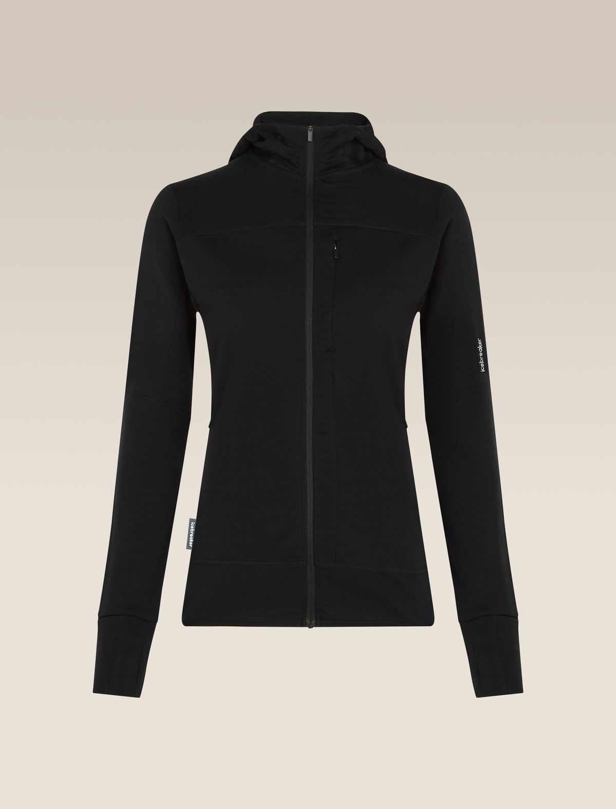 A black hooded zip-up jacket displayed on a headless mannequin against a solid, warm off-white background. - Icebreaker Merino Blend 300 RealFleece Descender Long Sleeve Zip Hoodie (Women's) - Black