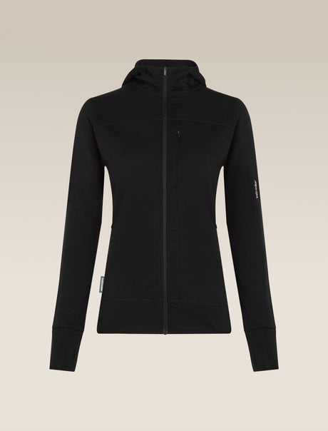 A black hooded zip-up jacket displayed on a headless mannequin against a solid, warm off-white background. - Icebreaker Merino Blend 300 RealFleece Descender Long Sleeve Zip Hoodie (Women's) - Black