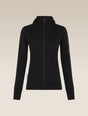 A black hooded zip-up jacket displayed on a headless mannequin against a solid, warm off-white background. - Icebreaker Merino Blend 300 RealFleece Descender Long Sleeve Zip Hoodie (Women's) - Black