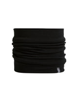 A black ribbed knit neck gaiter or balaclava headband, folded to show its thickness and texture, with a small gray tag on the bottom right edge, set against a plain white background. - Icebreaker Merino 260 Apex Chute (Unisex) - Black