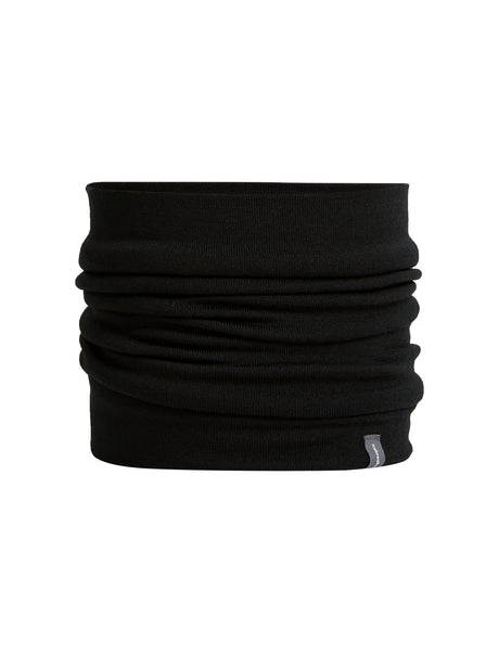 A black ribbed knit neck gaiter or balaclava headband, folded to show its thickness and texture, with a small gray tag on the bottom right edge, set against a plain white background. - Icebreaker Merino 260 Apex Chute (Unisex) - Black