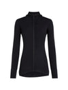 A black long-sleeve hooded zip-up athletic jacket with a subtle ribbed texture, shown on a plain white background. - Icebreaker Merino Blend 200 RealFleece Descender Long Sleeve Zip Hoodie (Women's) - Black