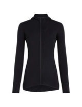 A black long-sleeve hooded zip-up athletic jacket with a subtle ribbed texture, shown on a plain white background. - Icebreaker Merino Blend 200 RealFleece Descender Long Sleeve Zip Hoodie (Women's) - Black