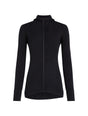 A black long-sleeve hooded zip-up athletic jacket with a subtle ribbed texture, shown on a plain white background. - Icebreaker Merino Blend 200 RealFleece Descender Long Sleeve Zip Hoodie (Women's) - Black