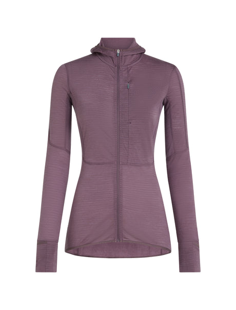 A women's long-sleeve full-zip hooded jacket in a textured dusty mauve-purple color, shown on a plain white background. - Icebreaker Merino Blend 200 RealFleece Descender Long Sleeve Zip Hoodie (Women's) - Grey Plum - Purple