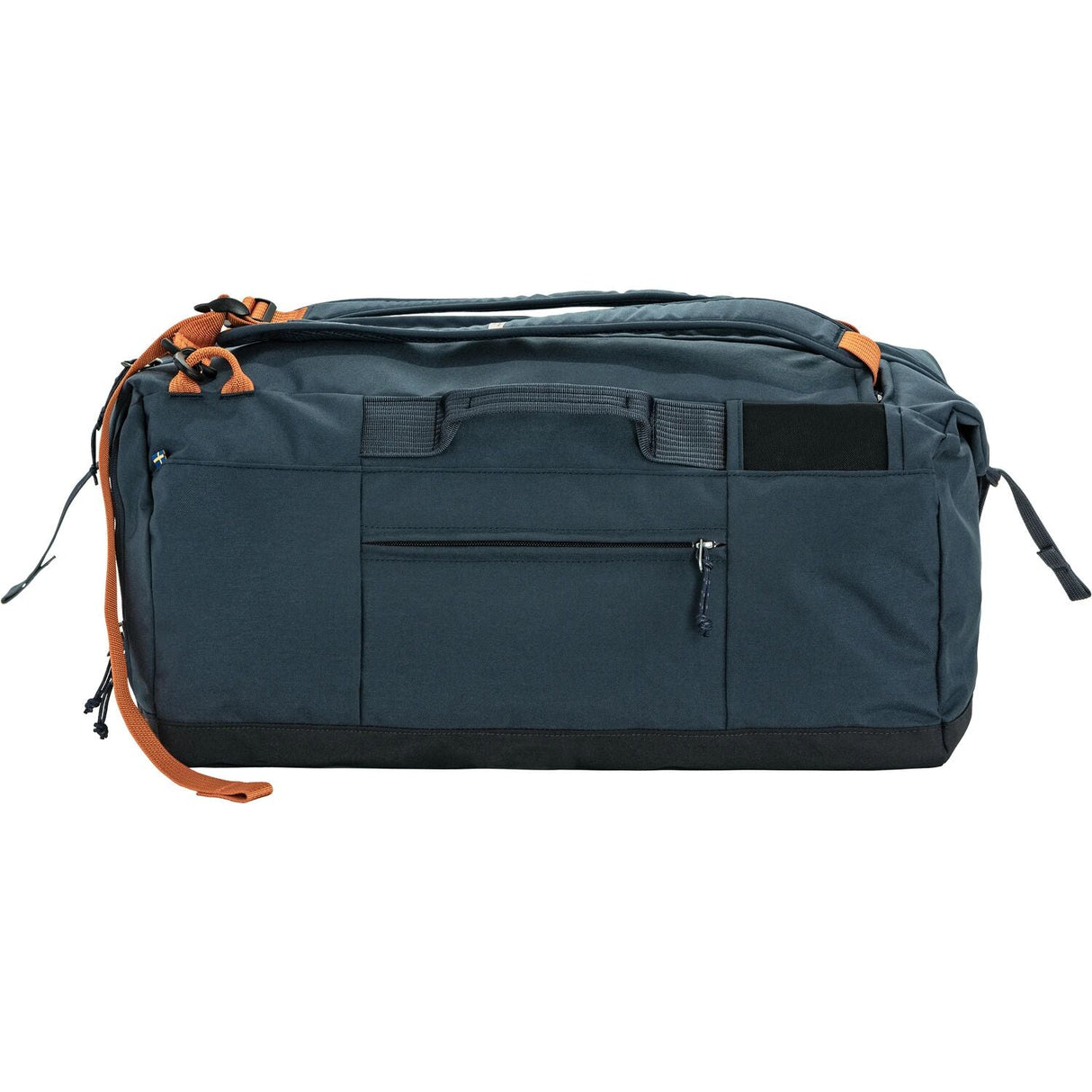 Blue duffel bag with orange accents on a white background - Fjällräven Färden Duffel 50 - Navy