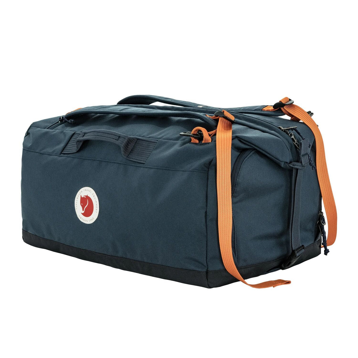 Blue duffel bag with orange straps on a white background - Fjällräven Färden Duffel 50 - Navy