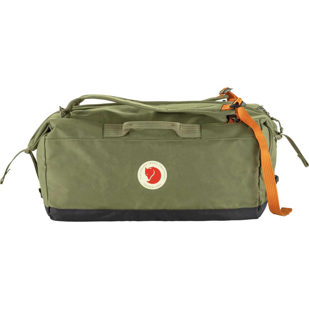 Fjälken green canvas duffel bag with an orange webbing strap and a black bottom panel, featuring the circular Fjälken logo patch on the front. - Fjällräven Färden Duffel 50 - Greeb