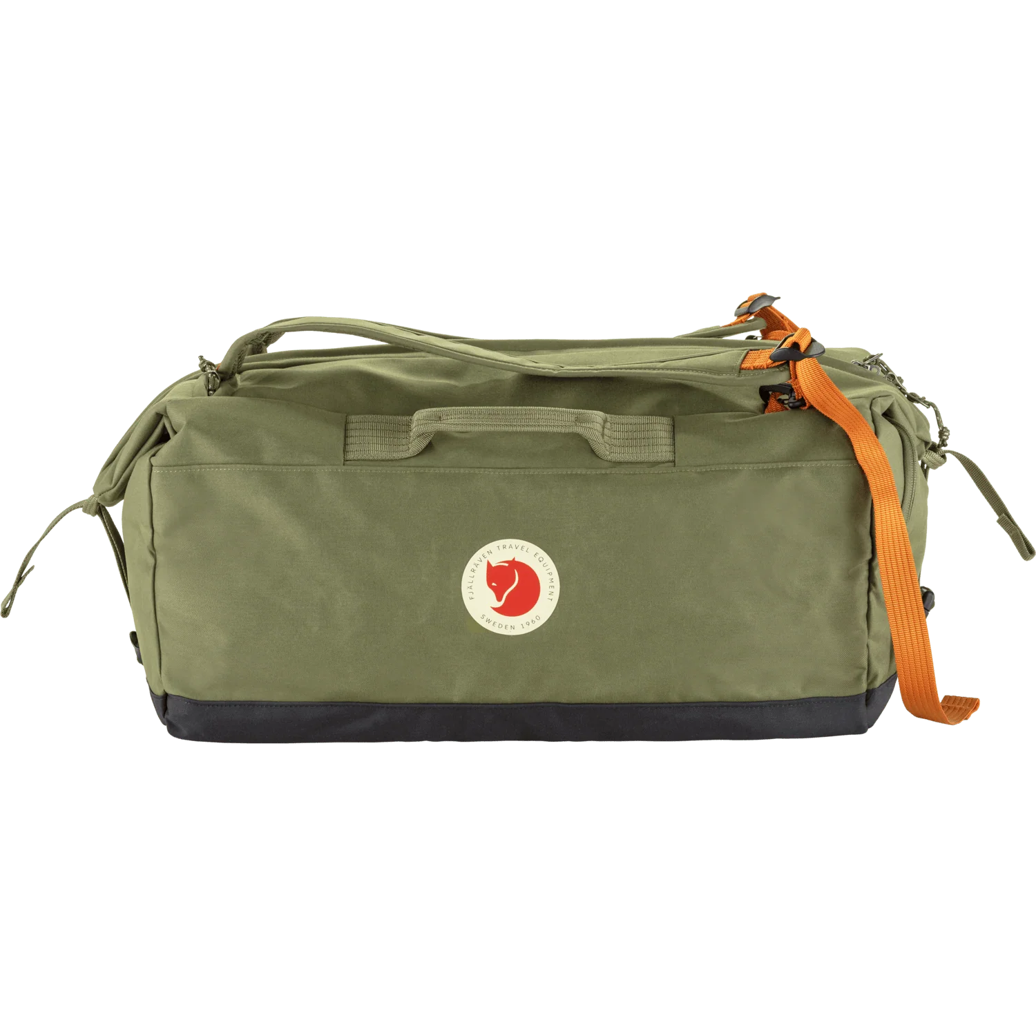 Fjälken green canvas duffel bag with an orange webbing strap and a black bottom panel, featuring the circular Fjälken logo patch on the front. - Fjällräven Färden Duffel 50 - Greeb